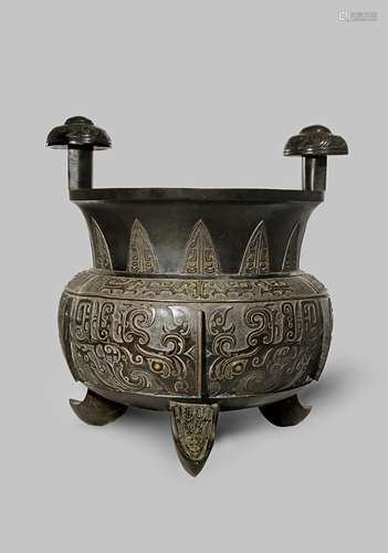 A MASSIVE CHINESE GOLD AND SILVER INLAID BRONZE ARCHAISTIC INCENSE BURNER