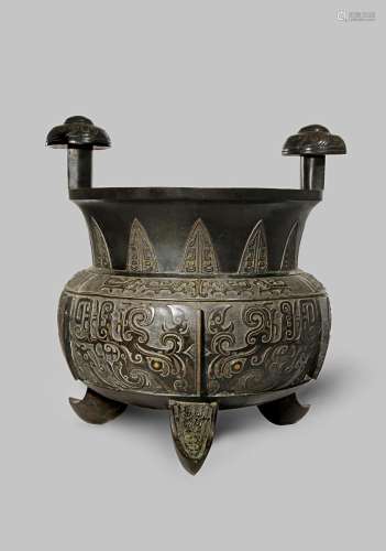 A MASSIVE CHINESE GOLD AND SILVER INLAID BRONZE ARCHAISTIC INCENSE BURNER