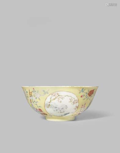 A CHINESE IMPERIAL FAMILLE ROSE YELLOW SGRAFFITO-GROUND MEDALLION BOWL