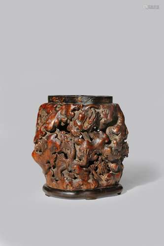 A CHINESE BURR-WOOD 'NINE DRAGON' BRUSHPOT