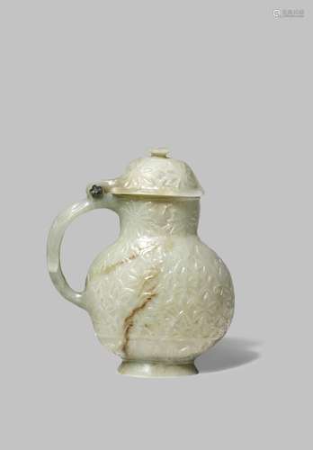 A CHINESE PALE CELADON JADE MOGHUL-STYLE EWER AND COVER