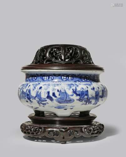 A CHINESE BLUE AND WHITE 'EIGHT IMMORTALS' INCENSE BURNER