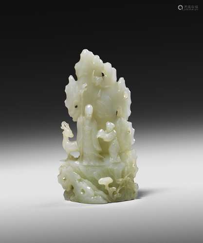 A CHINESE WHITE JADE FU LU SHOU MOUNTAIN CARVING