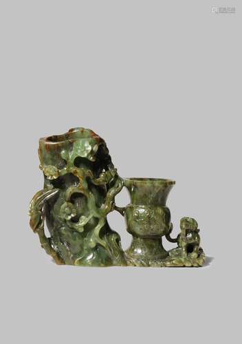 A CHINESE SPINACH-GREEN JADE DOUBLE VASE