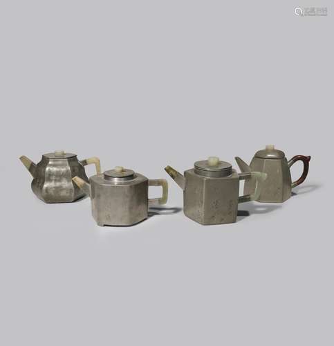 FOUR CHINESE INSCRIBED PEWTER-ENCASED YIXING TEAPOTS AND COVERS