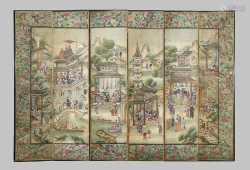 A CHINESE FOLDING SIX PANEL SCREEN