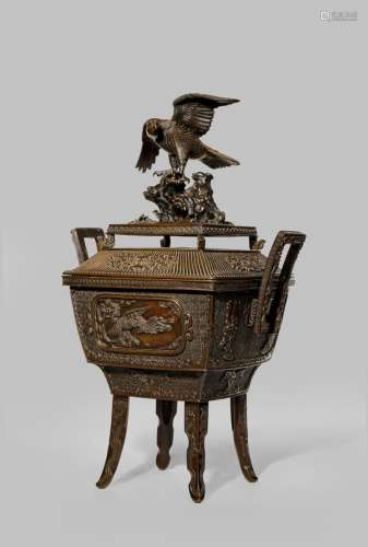 A LARGE JAPANESE BRONZE INCENSE BURNER AND COVER