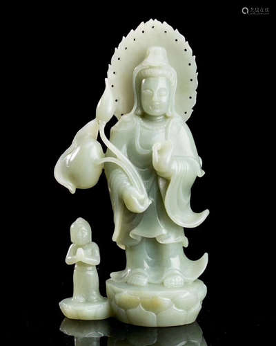 A HETIAN JADE GUANYIN AND CHILD FIGURE