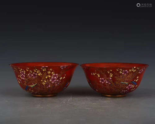 PAIR ENAMELED GLASS BOWLS