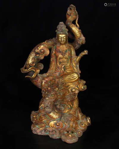 GILT BRONZE CARVED FIGURE OF GUANYIN