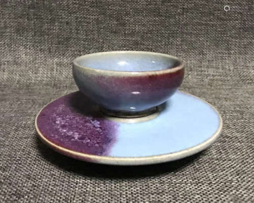 A JUN STYLE TEA CUP AND TRAY