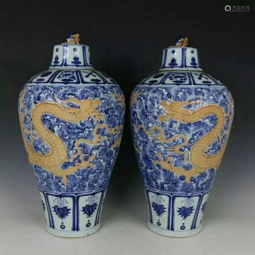 PAIR OF BLUE&WHITE DRAGON VASES