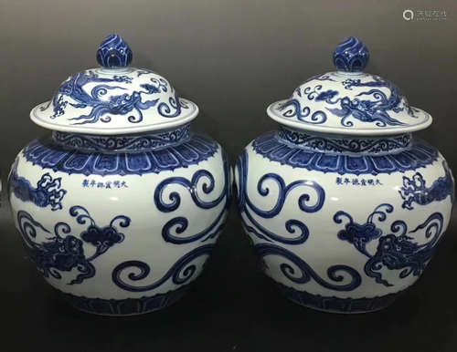 PAIR OF XUANDE MARK BLUE&WHITE JARS