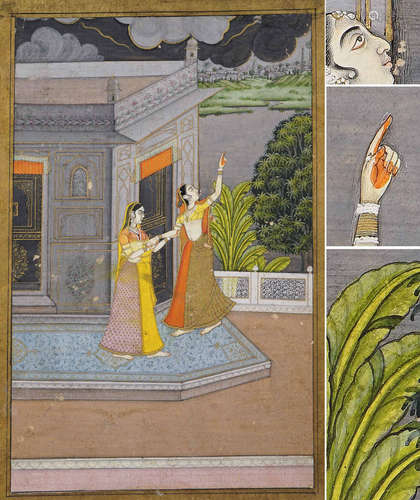 MINIATURE INDIENNE DEPEIGNANT MADHU-MADAVI RAGINI (MADHUMADHAVI RAGINI) S'ABRITTANT ALORS QUE SE LEVE L'ORAGE