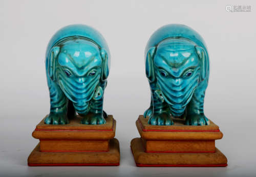 A pair of chinese blue glaze statues