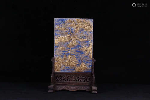 AN OLD LAPIS LAZULI LANDSCAPE TABLE PLAQUE ,QING QIANLONG DYNASTY