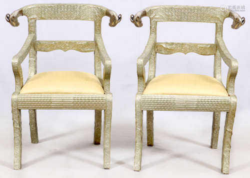 A PAIR OF ANGLO-INDIAN STYLE SILVERED CHAIRS