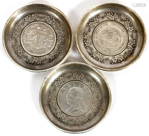 CHINESE SILVER COIN DISHES, THREE, D 3