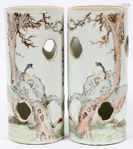 CHINESE HAND PAINTED CYLINDER PORCELAIN VASES