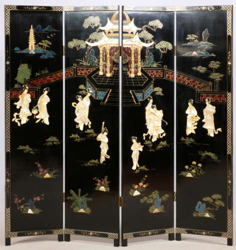 CHINESE BLACK LACQUER FOUR PANEL SCREEN