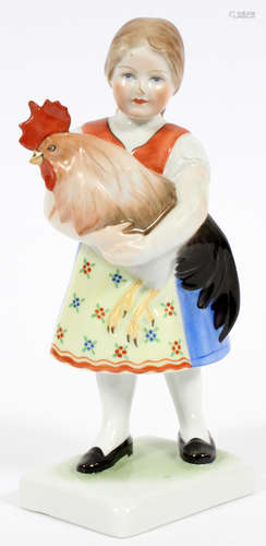 HEREND PORCELAIN FIGURE FARM GIRL HOLDING ROOSTER