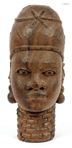 BENIN CARVED WOOD HEAD SIGNED