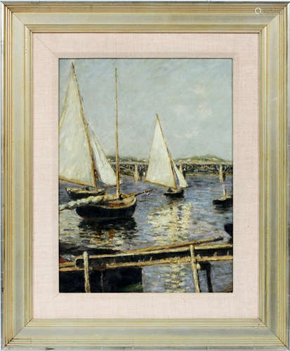 UNSIGNED PRINT, H 16'', W 12'', SAILBOATS IN PORT