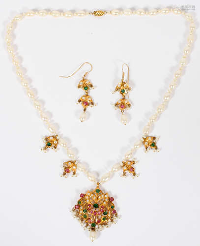 GOLD, EMERALD, RUBY, & PEARL NECKLACE & EARRINGS