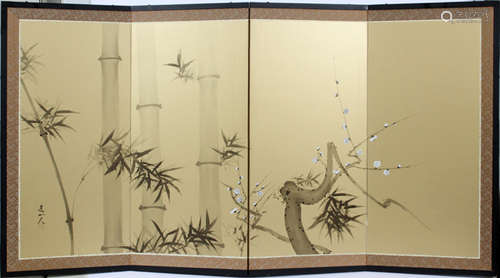 CHINESE PAINTED SILK FOLDING SCREEN, H 36