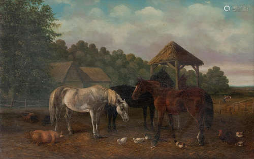 Horses and other animals in a farm yard Manner of John Frederick Herring, Jnr.