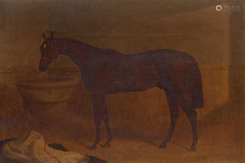 Portrait of a chesnut horse with white blaze in a stable Circle of John Frederick Herring, Snr.(British, 1795-1865)