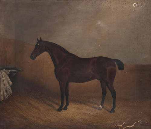 Portrait of a chestnut horse in a stable by a manger with an initialled horse blanket J F H John Frederick Herring, Snr.(British, 1795-1865)