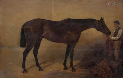 Portait of a bay horse in a stable with a groom English School(19th Century)