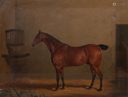 Portrait of a chestnut horse in a stable with an initialled horse blanket G F H David Dalby of York(1794-1836)