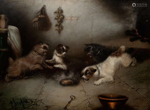 Terrier ratting in a barn each: 70 x 88cm (27 9/16 x 34 5/8in) Edward Armfield(British, 1817-1896)