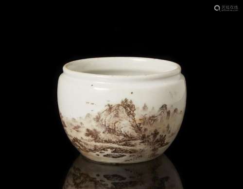 中國 二十世紀 褐地山水圖小罐