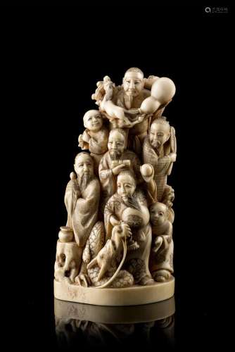 中國 二十世紀初 象牙雕众仙及童子羣像 《王正》底款