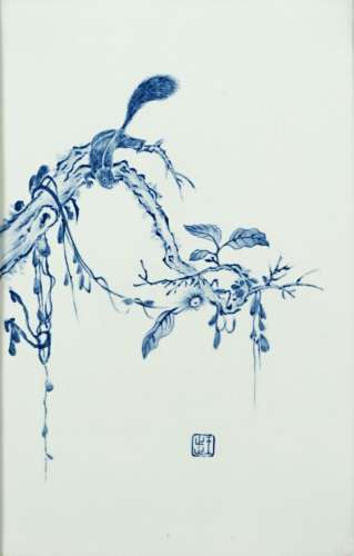 中國 二十世紀 青花松鼠樹枝瓷板畫