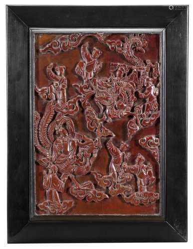 中國 十九世紀 紅漆雕人物圖木板