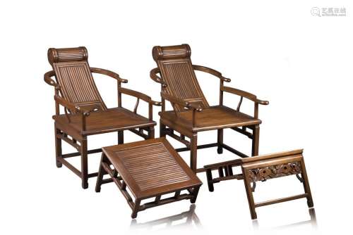 中國 二十世紀 木製躺椅 一對