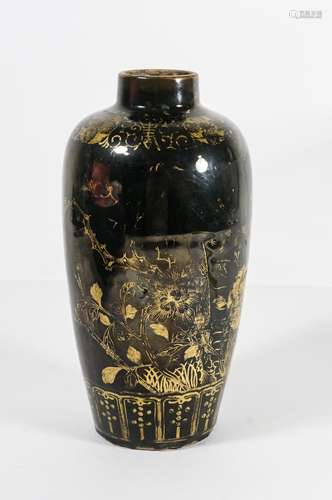 CHINESE GILT NOIR GLAZED MEIPING VASE WITH MARK