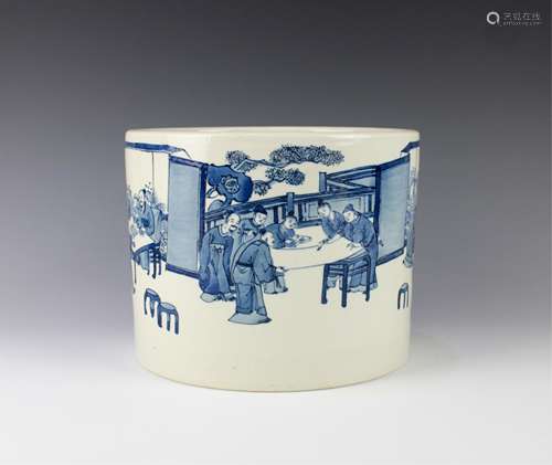 CHINESE BLUE AND WHITE PORCELAIN BRUSH POT