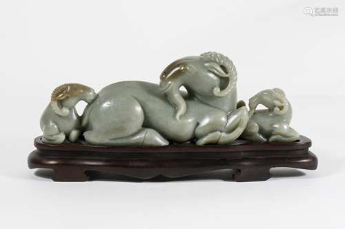 CHINESE CELADON JADE CARVED RAM GROUP WITH HARDWOO