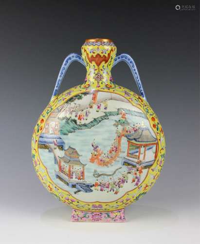 CHINESE YELLOW GROUND FAMILLE ROSE MOONFLASK VASE