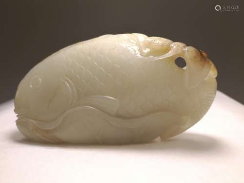 19th C. Chinese Celadon Jade Carving Fish & Lotus