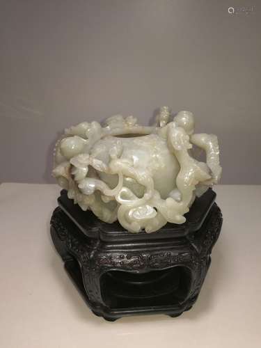 Chinese White Jade Carving Dragon Washer & Wood Stand