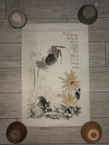 1945 Chinese Painting Chrysanthemum Crab by Tang Yun