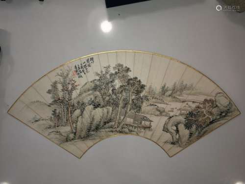 Chinese Artist Wu Zheng Landcrape Fan Painting