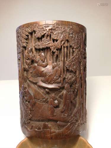 Antique Chinese Bamboo Brushpot Carving Landscape