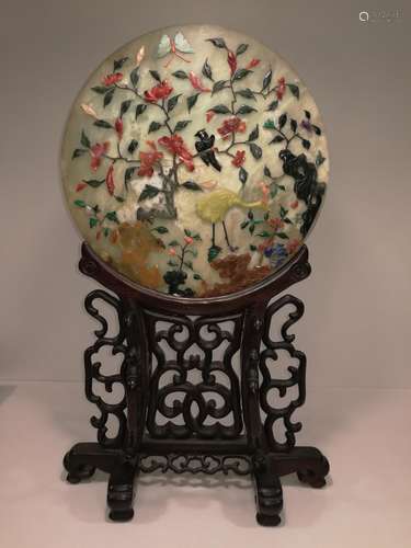 Qing Dy Chinese Celadon Jade Table Screen Inlaid Gem